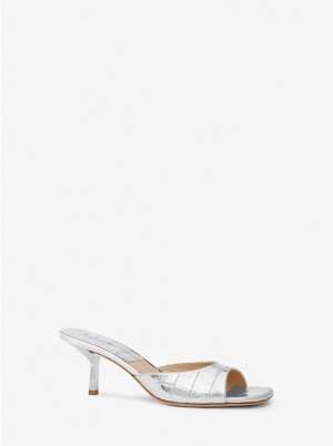Michael Kors Anita Metallic Crocodile Embossed Leather Sandal Naisten Korkokengät Hopea | FIOKA1720