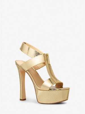 Michael Kors Berkley Metallic Snake Embossed Leather Platform Naisten Sandaalit Kultaiset | FIBEW1792