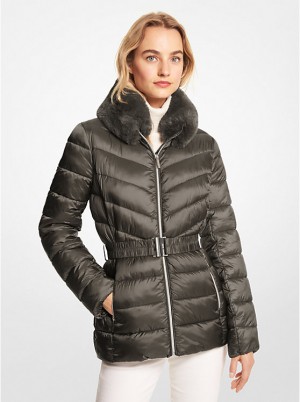 Michael Kors Faux Fur Trim Quilted Nylon Packable Puffer Naisten Takki Oliivinvihreä | FIBED1371
