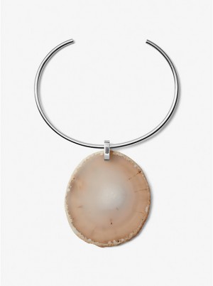 Michael Kors Precious Metal-Plated Brass and Agate Collar Naisten Kaulakoru SILVER/TAUPE | FIEBA1558