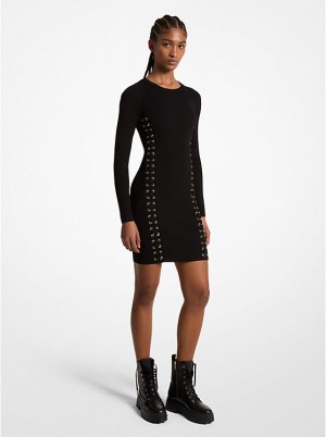 Michael Kors Ribbed Stretch Knit Lace-Up Naisten Mekko Mustat | FINWL1323